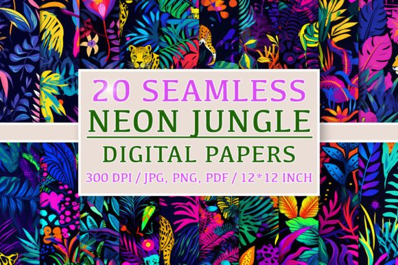 20 Seamless Neon Jungle Patterns and Digital Papers for Creative Projects
