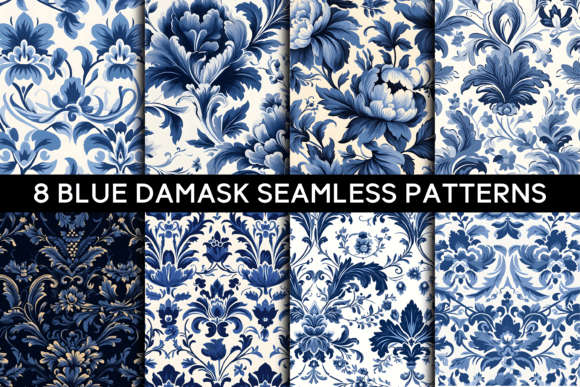8 Blue Damask Seamless Patterns