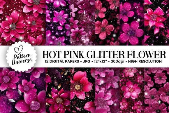 Magenta Pink Glitter Flowers Patterns