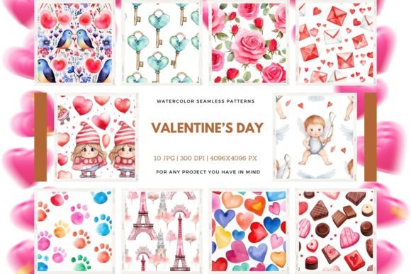 Watercolor Valentine Seamless Patterns